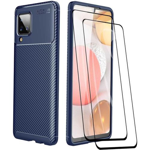 Fibre De Carbone Coque Pour Samsung Galaxy A12 | M12 Étui Ave 2 Verre Trempé, Souple Tpu Housse Etui De Protection En Silicone En Gel Antichoc Bumper. Bleu