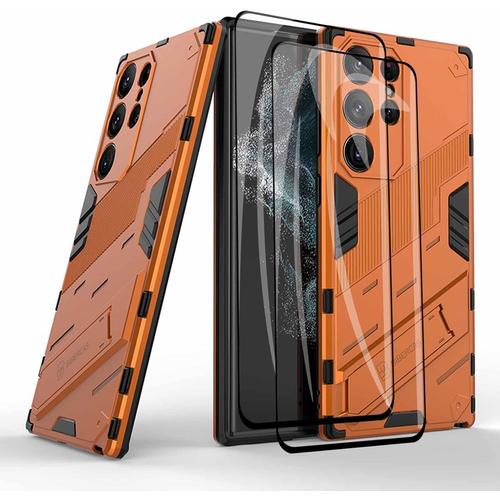 Coque Pour Samsung Galaxy S23 Ultra 5g Ave 2 Verre Trempé, Étui Silicone Tpu/Antichoc Pc Housse Ave Support Caché, Style Punk Protection Case Cover, Orange