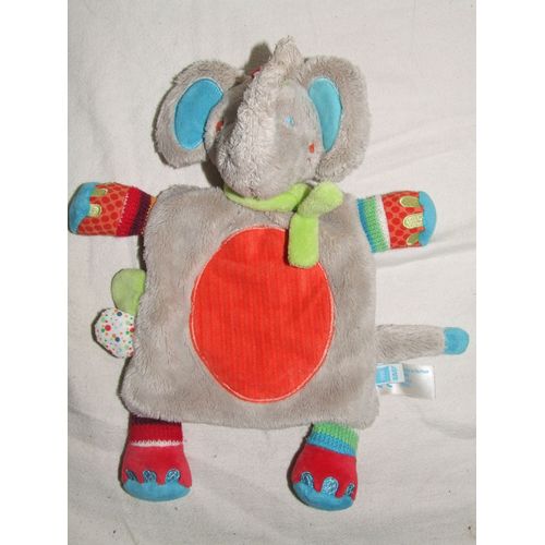 Éléphant Plat Tex Carrefour Baby Doudou Peluche Gris Rouge Vert Bleu Multicolore