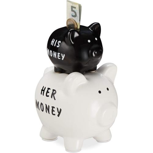 Tirelire Cochon, His & Her Money 2 cochons, Cadeau Amusant pour Couples & Mariages, économie, Noir/Blanc 1 élément