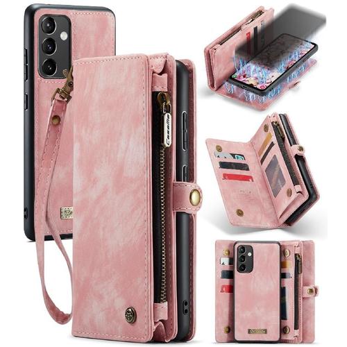 Étui Pour Samsung Galaxy A54 5g Forte Magnétique Titulaire De La Carte Détachable Tpu Pc Fermeture Éclair En Cuir Fait Main Portefeuille Couverture Trifold Avec - Couleur Rose