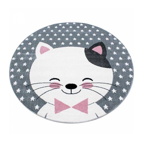 Tapis De Chambre D?Enfant Chat Et Etoiles Gris-Blanc-Rose - 120x120 Cm Ronde