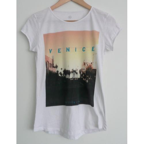 T Shirt Blanc Imprimé Multicolore. Venice. California. Tex. Coton. Taille 38