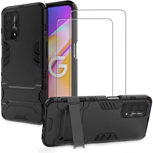 Coque Pour Oppo A74 5g/Oppo A54 5g+Verre Trempé Protection Écran Film Housse Etui Armure Tpu+Pc Protection Case Cover Avec Deux En Un Béquille Military Grade Anti Chute Noir