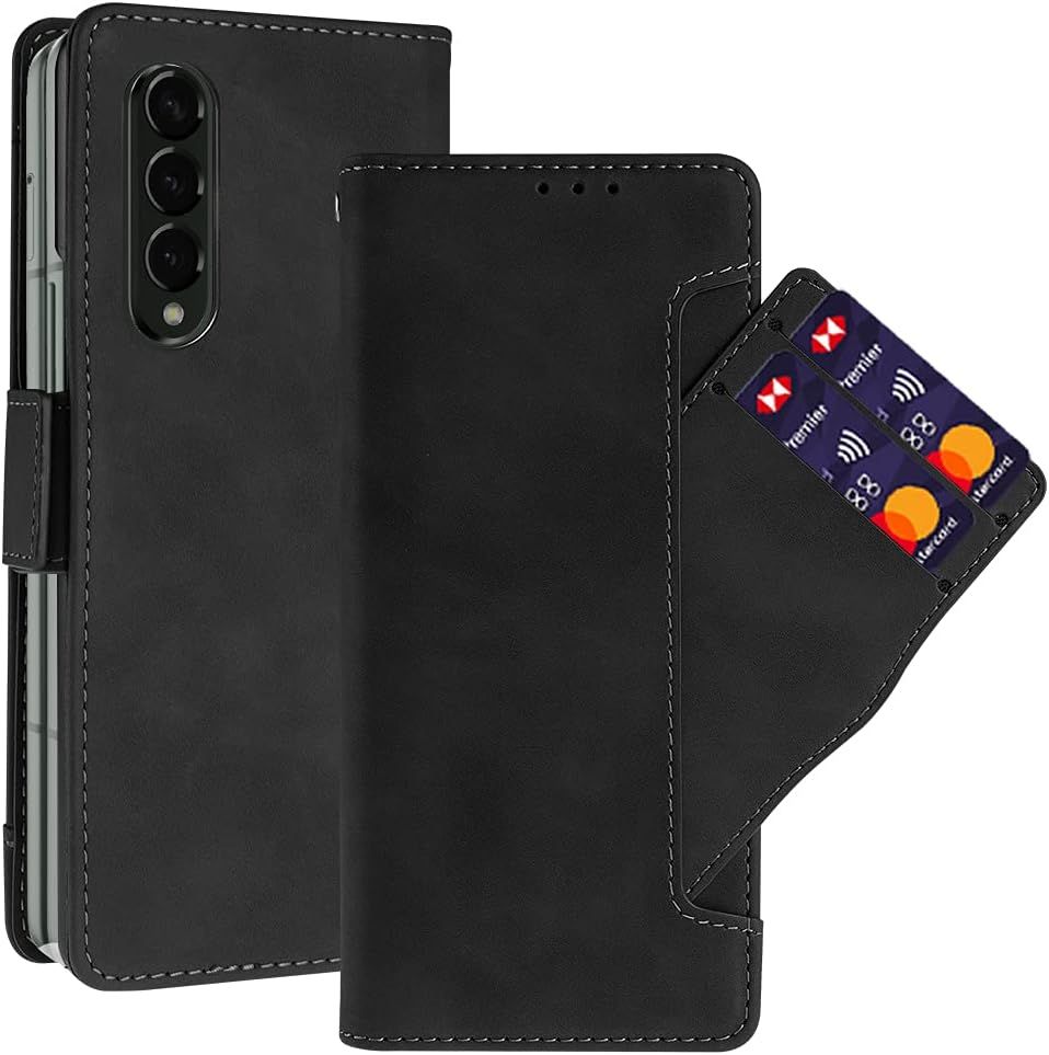 Étui En Cuir Pour Samsung Galaxy Z Fold 3 5g Antidérapant Résistant Aux Rayures Avec Fentes Pour Cartes Étui De Téléphone En Cuir De Fibre De Protection Antichoc Noir