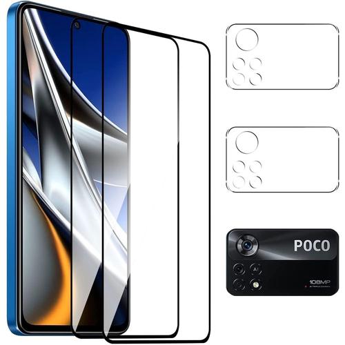 Protection Écran Compatible Avec Xiaomi Poco X4 Pro 5g Verre Trempé, 2 Pièces De Verre Trempé + 2 Pièces Caméra Protecteur D'écran Sans Bulle Anti Empreintes Digitales