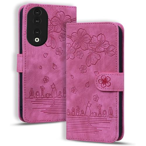 Coque Pour Honor 90 5g, Cuir Pu Premium, Fermeture Magnétique, Fonction Support, Flip Cover, Étui De Protection Pour Honor 90 5g Chat Rose Rouge