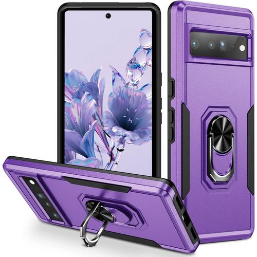 Coque Pour Google 7 Pro Case Pixel 7 Pro Case, Support Rotatif À 360° Tpu Bumper Case Antidérapant Anti-Rayures Silicone Housse De Protection Pour Google Pixel 7 Pro - Violet + Noir