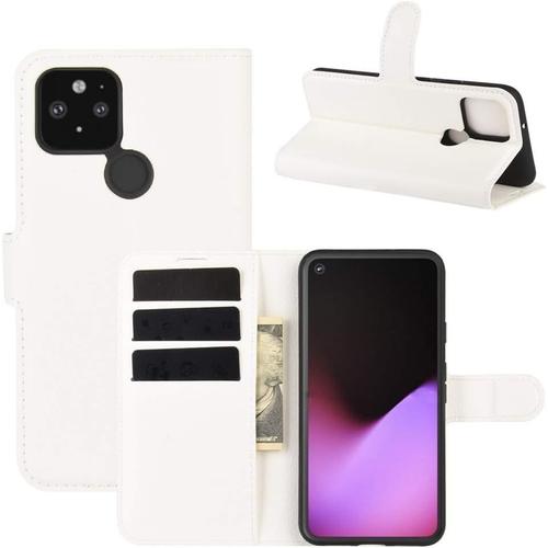 Coque Pour Google Pixel 5/4a 4g 5,8"" Pu Housse De Protection À Rabat Motif Litchi Avec Support Fermeture Magnétique Poches Fentes Pour Cartes Portefeuille Étui De Protection Blanc