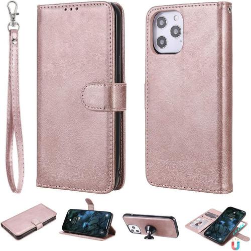 Coque Pour Apple Iphone 12 Pro Max 6,7"" Pu + Tpu Cuir Amovible 2 En 1 Flip Magnétique Et Support Arrière Étui En Cuir Portefeuille Case, Or Rose