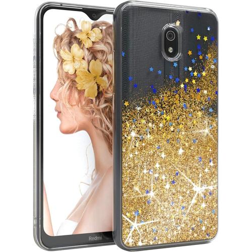 Case Coque Compatible Avec Xiaomi Redmi 8a, Coque De Protection Avec Paillettes Liquides, Coque De Protection, Coque Arrière Avec Paillettes Liquides, Tpu/Silicone, Transparent/Transparent, Doré