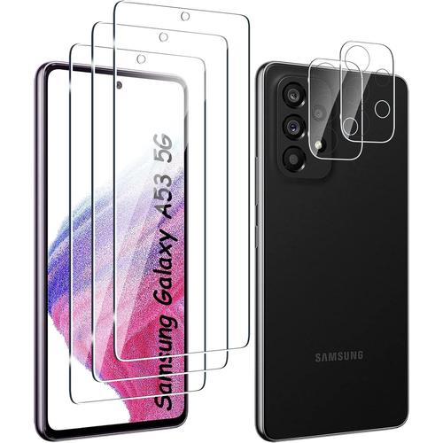 3+2 Pièces De Protection D'écran En Verre Trempé Compatible Avec Samsung Galaxy A53 5g Et Appareil Photo, Sans Bulles, Dureté 9h, Anti-Rayures, Film De Protection D'écran Hd Pour Samsung Galaxy A53 5g