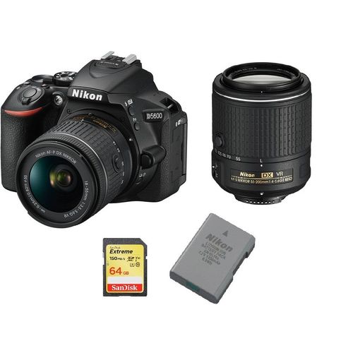 NIKON D5600 reflex 24.2 mpix KIT AF-P 18-55MM VR + Objectif AF-S 55-200MM ED VR II DX + 64GB SD card + EN-EL14A