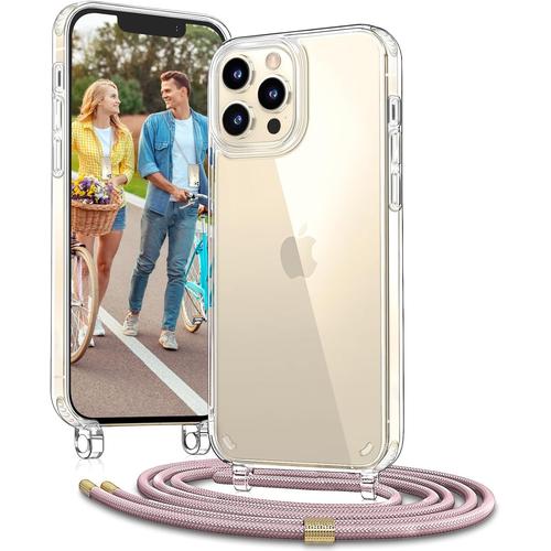 Chaîne De Téléphone Portable Pour Apple Iphone 12 Avec Dragonne Et Iphone 12 Pro Avec Dragonne - Collier Pour Téléphone Portable - Étui Transparent À Suspendre Autour Du Cou Avec Protection D'appareil Photo Et Protection D'écran - Or Rose