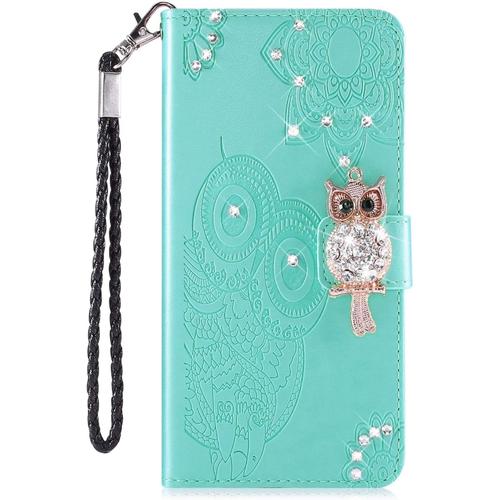 Compatible Avec Coque Huawei P Smart 2019, Honor 10 Lite, Étui De Protection À Rabat En Cuir Pu À Motif Strass Pailleté Avec Dragonne, Étui Portefeuille, Housse De Protection - Hibou Vert