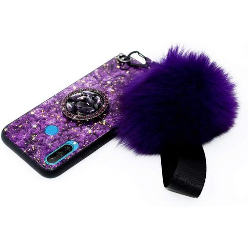 Compatible Avec Coque Huawei P30 Lite, Coque Huawei P30 Lite Motif Paillettes Tpu Silicone + Pc Rigide Housse De Protection Case Cover Pour Filles Femmes Avec Anneau Support Boule En Peluche - Violet