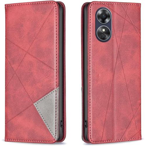 Compatible Avec Coque Oppo A17, Coque Oppo A17, Étui Portefeuille En Cuir Pu, Étui De Protection À Rabat, 360 Degrés Tpu Antichoc Avec Emplacement Pour Carte Magnétique Rouge