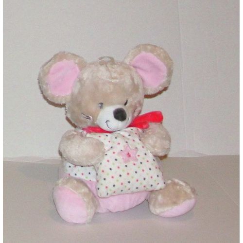 Souris Rose Beige Coussin A Pois Multicolore Brodé Etoile Berceuse Musical Doudou Peluche Mots D Enfant 26cm