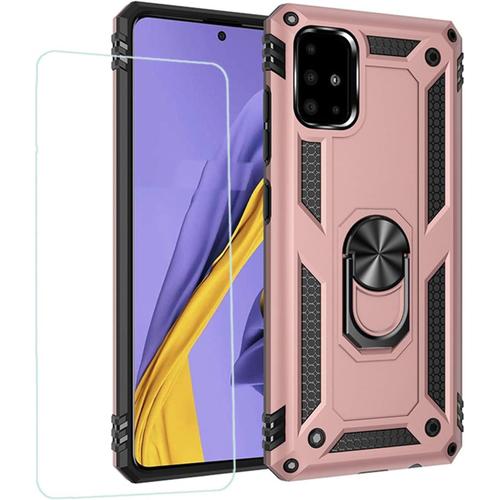 Compatible Avec Samsung A51 4g Coque De Protection + Film De Verre Trempé Silicone Tpu Anneau Rotatif À 360 Degrés Support Magnétique Coque De Voiture Or Rose