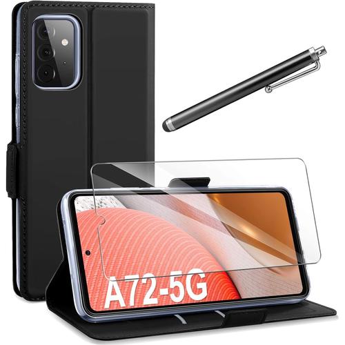 Compatible Avec Samsung Galaxy A72 5g Coque Et Film De Protection, Stylet Pour Écran Tactile, Samsung Galaxy A72 5g Pu Cuir Flip Housse De Protection Avec Support Et Fente Pour Carte Pour Samsung A72 5g Noir