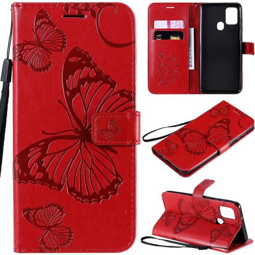 Coque Pour Samsung Galaxy A21s / Sm-A217 6,5 Pouces Pu Cuir Magnétique Portefeuille Étui En Cuir Papillon En Relief Design Stent Fonction Case Flip Cover Rouge