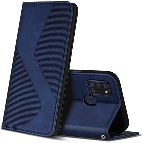 Coque Pour Samsung Galaxy A21s, Étui De Protection En Cuir Pu Avec Fentes Pour Cartes Et Fonction Support, Étui Portefeuille En Cuir Pour Samsung Galaxy A21s Bleu