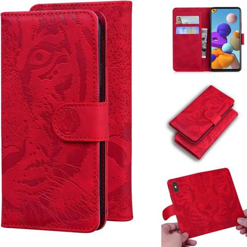 Coque Pour Samsung Galaxy A21s / Sm-A217 6,5"" Pu Cuir Magnétique Portefeuille Étui En Cuir Imprimé Tigre Flip Cover Cuir Case Fonction Stent Rouge