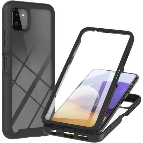 Coque Pour Samsung Galaxy A22 5g Avec Film De Protection D'écran Intégré, Antichoc, Protection Complète À 360 Degrés, Dos Pc Souple Tpu Bumper Robuste Housse De Protection, Noir