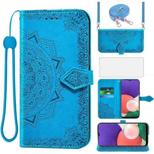 Coque Pour Samsung Galaxy A22 5g Avec Dragonne Et Film De Protection En Verre Avec Fente Pour Carte Et Support Pliable En Cuir A22s A225g A 22 22a G5 Cases Mandala Housse De Protection Bleu