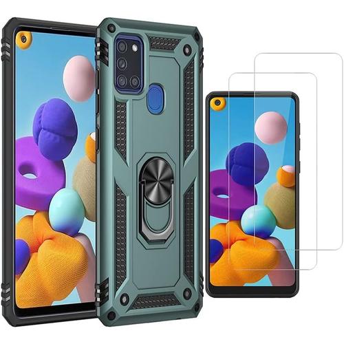 Coque Pour Samsung Galaxy A21s 2 Films De Protection D'écran En Verre Trempé], Support Rotatif À 360°, Pare-Chocs En Tpu Et Pc Rigide, Résistant Aux Rayures Et Aux Chocs, Coque De Téléphone Portable Pour Samsung Galaxy A21s, Vert Foncé