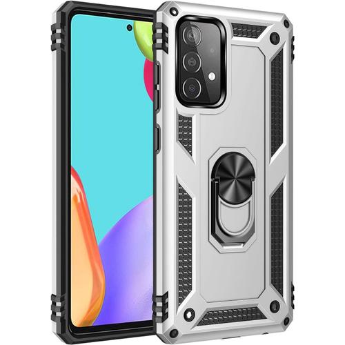 Coque Pour Samsung Galaxy A52 5g/4g/A52s 5g + Film De Protection Militaire Armure Hybride Housse De Protection En Silicone Antichoc Bumper Cover Case Anneau Support Étui De Protection Pour Téléphone Portable Argent