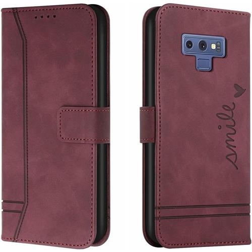 Coque Pour Samsung Galaxy Note9 Sm-N960 6,4 Pouces Pu Cuir Flip Cover Smile Rétro Motif Avec Support Fermeture Magnétique Fente Pour Carte Portefeuille Étui De Protection Rouge