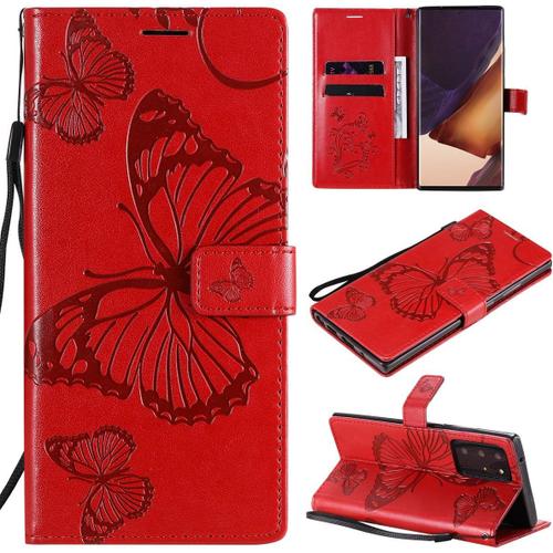 Coque Pour Samsung Galaxy Note20 Ultra/Sm-N985 6,9 Pouces Pu Cuir Magnétique Portefeuille Étui En Cuir Papillon En Relief Design Stent Fonction Case Flip Cover Rouge