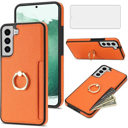 Coque Pour Samsung Galaxy S21 Fe 5g Avec Film De Protection Film Trempé Et Anneau Support Fente Pour Carte Cuir Portefeuille Support S21fe5g S 21 S21fe G5 Coque De Protection Orange