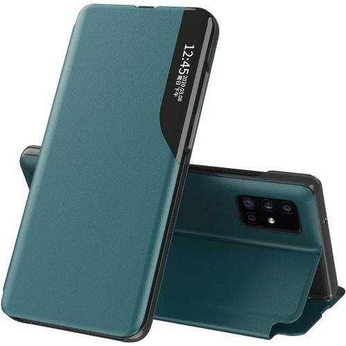 Coque Pour Samsung Galaxy A51 5g En Cuir Pu + Pc Folio Flip Cover Avec Miroir Latéral Transparent Fonction Veille-Réveil Pour Galaxy A51 5g ? Vert Foncé