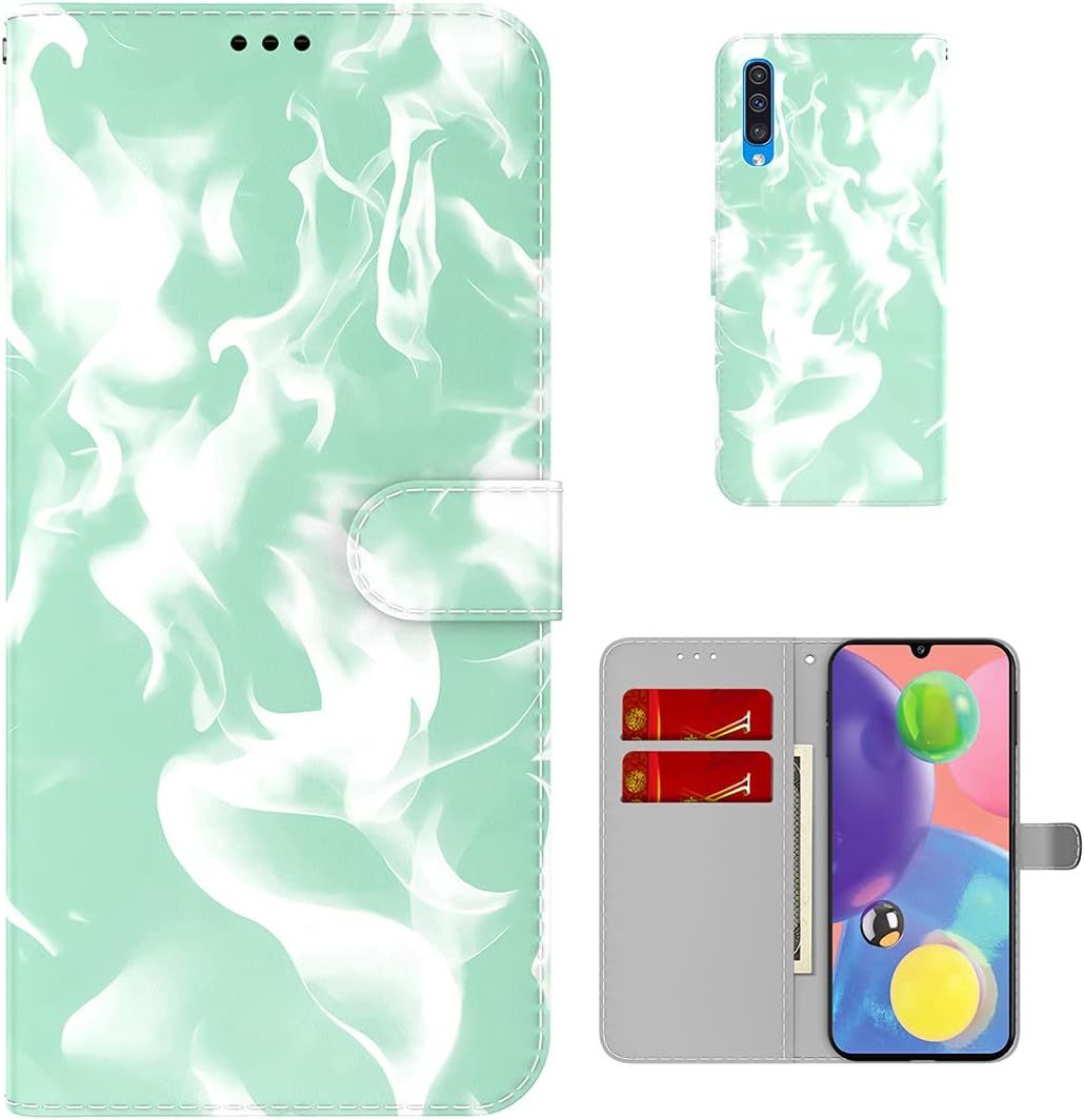 Coque Pour Samsung Galaxy A70/A70s / A705/A707 6,7 Pouces Pu Cuir Magnétique Portefeuille Étui En Cuir Motif Nuage Flip Cover Étui En Cuir Fonction Stent Case Vert Clair