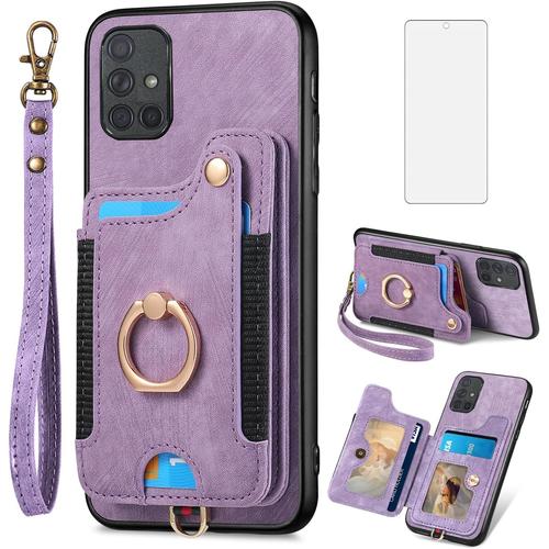 Coque Pour Samsung Galaxy A71 4g Avec Film De Protection En Verre Et Anneau Magnétique Support Fente Pour Carte Pliable En Cuir Portefeuille A 71 71a S71 Coque De Protection Violet