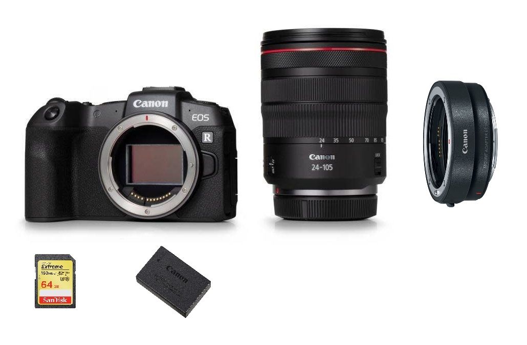 CANON EOS RP hybride 26.2 mpix Body Black + Objectif RF 24-105mm F4L IS USM + EF-EOS R Mount Adapter + 64GB SD card + LP-E17