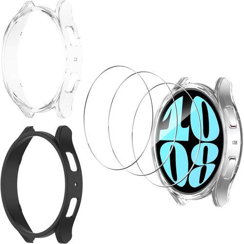 Coque Pour Samsung Galaxy Watch 6 44 Mm, 2 Pièces, Coque De Protection Pc Anti-Rayures, Anti-Poussière Avec 3 Morceaux De Film Trempé, Coque Transparente Hd Ultra Fine ? Transparent Et Noir