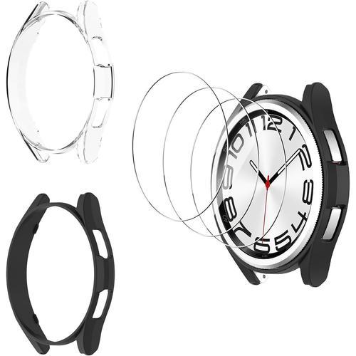 Coque Pour Samsung Galaxy Watch 6 Classic 47 Mm, 2 Pièces, Coque De Protection Pc Anti-Rayures, Anti-Poussière Avec 3 Morceaux De Film Trempé, Coque Transparente Hd Ultra Fine ? Transparent Et Noir