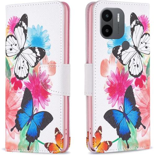 Coque Pour Xiaomi Redmi A1 Plus 6,52"" Pu Cuir Magnétique Portefeuille Étui En Cuir Motif Papillon Stent Fonction Housse De Protection En Cuir Flip Cover