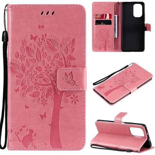 Coque Pour Xiaomi Poco F3 / Redmi K40/K40 Pro 6,67 Pouces Pu Cuir Magnétique Portefeuille Étui De Protection Arbre Et Chat Gaufrage Design Stent Fonction Case Flip Cover Rose