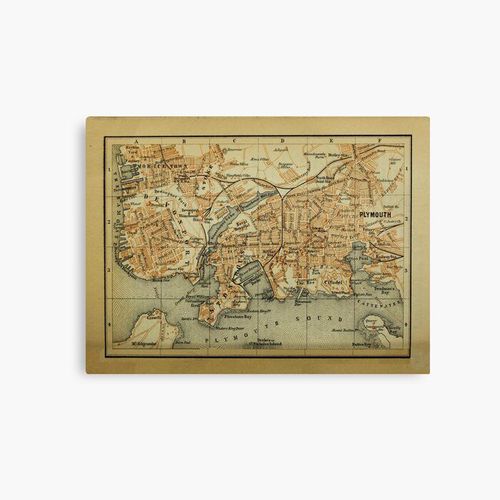 Canevas imprimer Carte vintage de Plymouth Angleterre (1901) Impression sur toile Art Décoration Murale/ 40x50cm ou 40x40cm