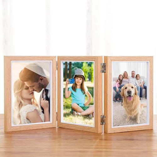 Cadre photo collage : 12 x 17 cm en bois avec vitre en verre, collage 3 photos, cadre pliable en trois parties, pour mariage, famille, fille, garçon et amis (marron clair)