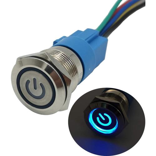 19mm 12V Verrouillage Bouton-poussoir, Symbole d'alimentation avec source lumineuse LED Démarrage Bouton | Commutateur Bouton Auto-bloquant en Acier Inoxydable Interrupteur Etanche (Bleu)