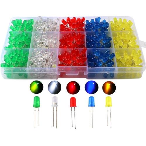 500 pcs x 5mm diode électroluminescente, diffusé 2pin rond couleur blanc/rouge/jaune/vert/bleu Kit boîte (5 couleurs x 100pcs)