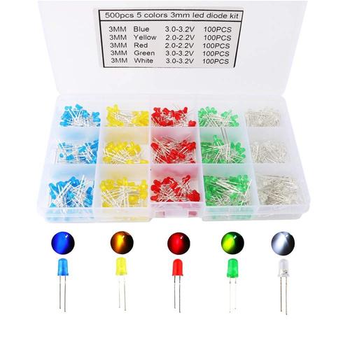 500 pcs x 3 mm diode électroluminescente, diffusé 2pin rond couleur blanc/rouge/jaune/vert/bleu Kit boîte (5 couleurs x 100pcs)