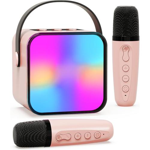 Micro Karaoke Enfant, Bluetooth LED Jouets de karaoké avec 2 Microphones pour Enfants et Adultes, Machine de Karaoké Portable, Cadeau pour Filles et garçons, Maison et fête (Rose)