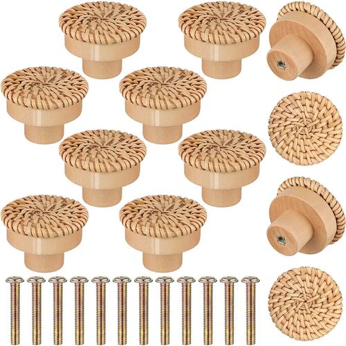 12pcs - Lvent De Commode En Rotin Boho, Boutons De Fusion Ronds En Bois, Tisss  La Main Par L'unicef, Vis Pour Meubles Boho