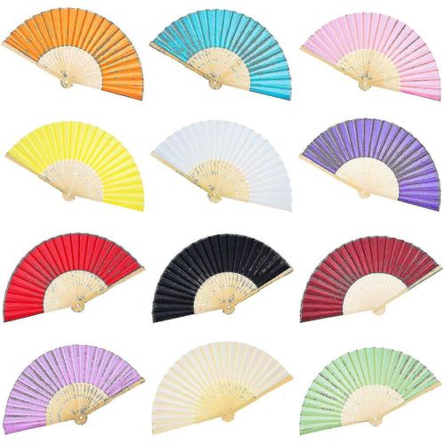 12pcs Ventilateurs portatifs Soie Bambou Pliant Ventilateurs plis  main Ventilateur pli